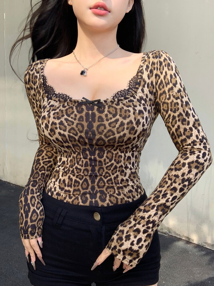 Joudiya Women Lace Splice Leopard Print Long Sleeve Slim Fit T-Shirt,Fall Clothes - Brown - View 7