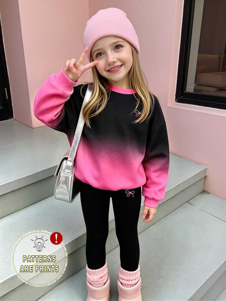 (1 Set) Autumn/Winter Girls Toddler Casual Fresh Minimalist Bowknot Pink-Black Gradient Collar Patchwork Pattern Crew Neck Sweatshirt With Leggings - Multicolor - View 1