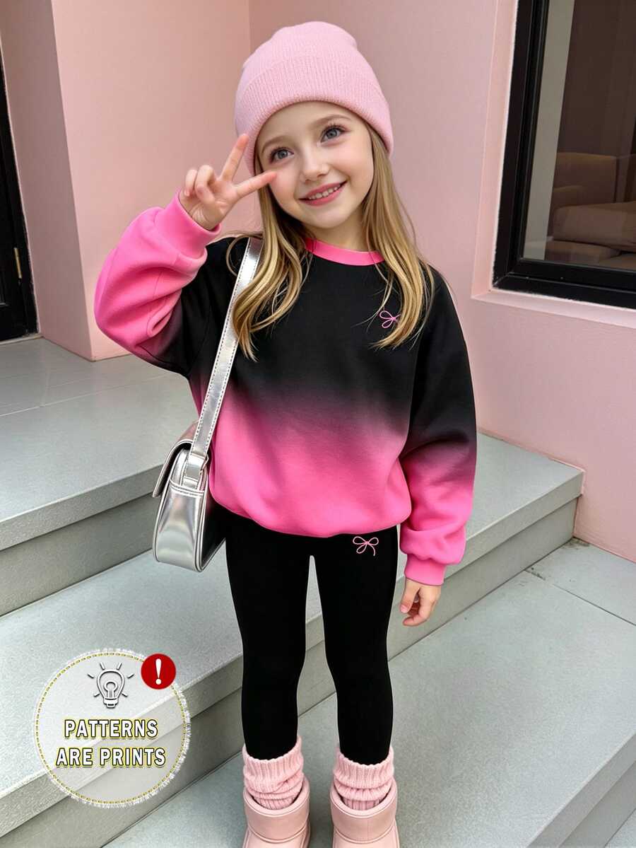 (1 Set) Autumn/Winter Girls Toddler Casual Fresh Minimalist Bowknot Pink-Black Gradient Collar Patchwork Pattern Crew Neck Sweatshirt With Leggings - Multicolor - View 1