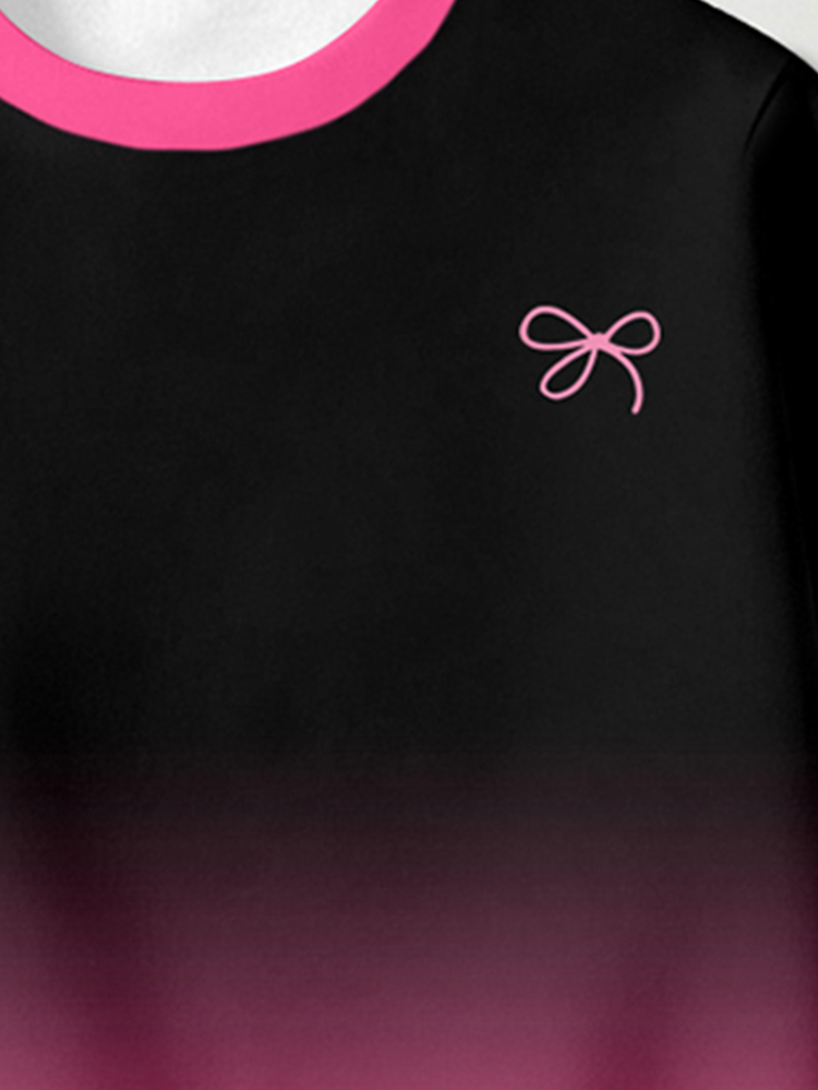 (1 Set) Autumn/Winter Girls Toddler Casual Fresh Minimalist Bowknot Pink-Black Gradient Collar Patchwork Pattern Crew Neck Sweatshirt With Leggings - Multicolor - View 4