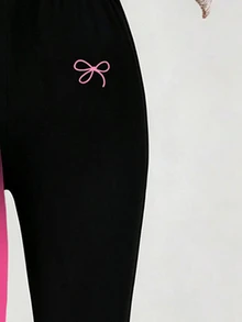 (1 Set) Autumn/Winter Girls Toddler Casual Fresh Minimalist Bowknot Pink-Black Gradient Collar Patchwork Pattern Crew Neck Sweatshirt With Leggings - Multicolor - View 5