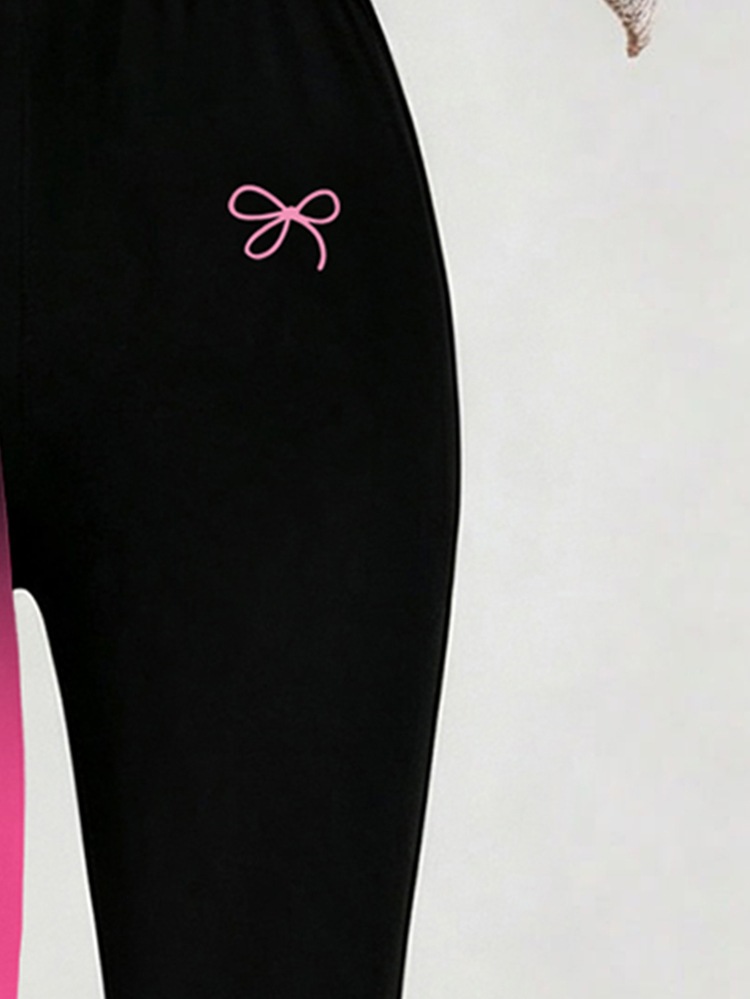 (1 Set) Autumn/Winter Girls Toddler Casual Fresh Minimalist Bowknot Pink-Black Gradient Collar Patchwork Pattern Crew Neck Sweatshirt With Leggings - Multicolor - View 5
