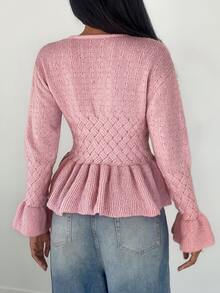 SHEIN Unity Women's Round Neck Solid Color Cable Knit Pullover Sweater - Pink - View 2