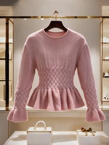 SHEIN Unity Women's Round Neck Solid Color Cable Knit Pullover Sweater - Pink - View 8