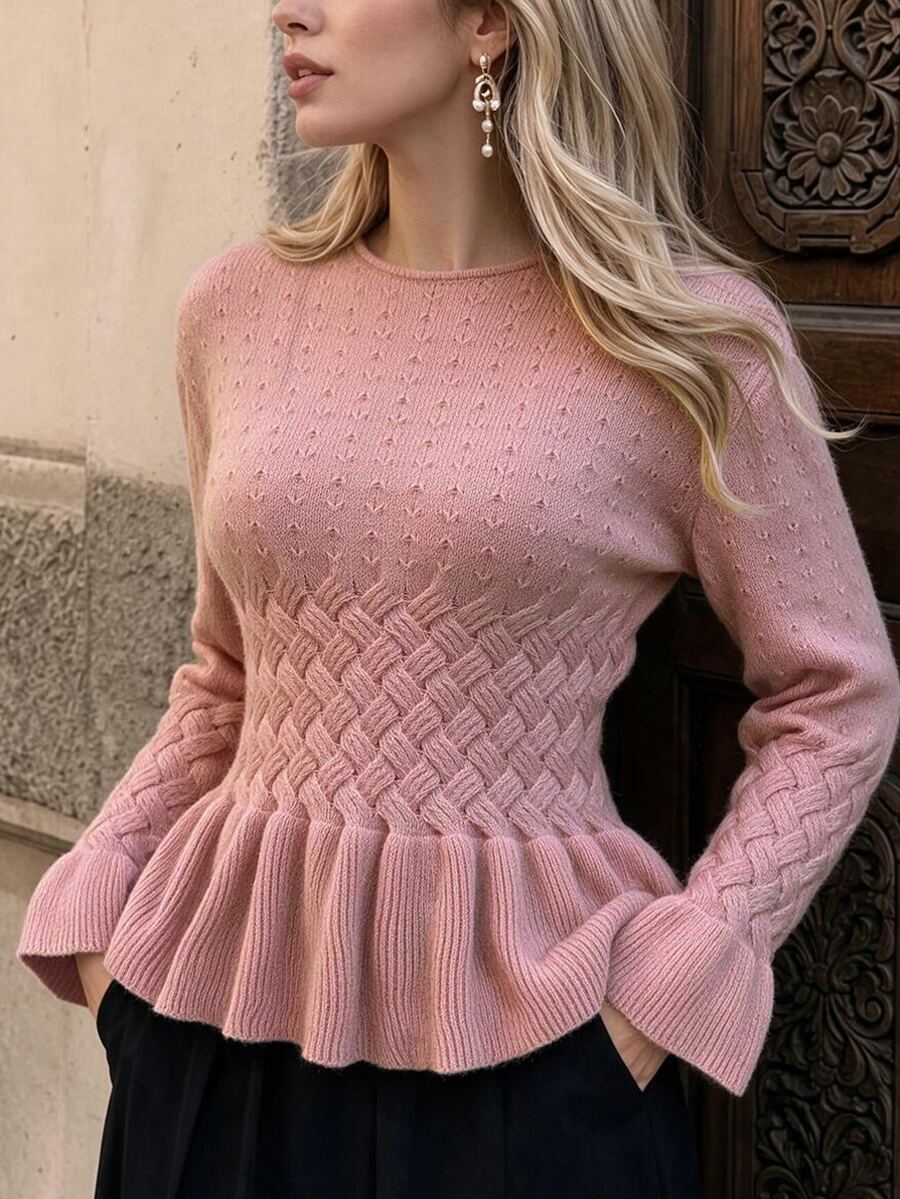 SHEIN Unity Women's Round Neck Solid Color Cable Knit Pullover Sweater - Pink - View 1