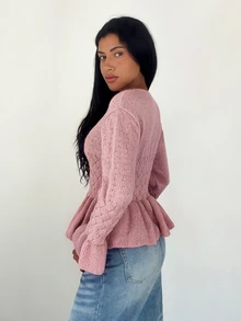 SHEIN Unity Women's Round Neck Solid Color Cable Knit Pullover Sweater - Pink - View 6