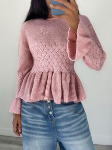 SHEIN Unity Women's Round Neck Solid Color Cable Knit Pullover Sweater - Pink - View 4