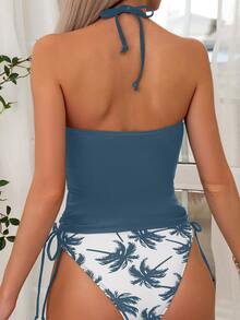 SHEIN Swim Summer Beach Tropical Print Drawstring Side Halter Tankini - Dusty Blue - View 2