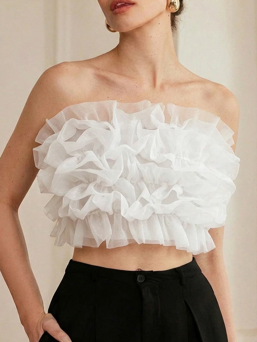 BELROSIE Mesh Ruffle Trim Crop Tube Top Holiday Party Clothes Cute Funny Shirts - White - View 1