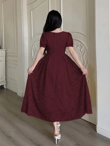 Modelyn Cut-Out Waist Flare Hem Women's Square Neck Fashionable Long Fall Dress With 3D Floral Decor - Burgundy - View 2