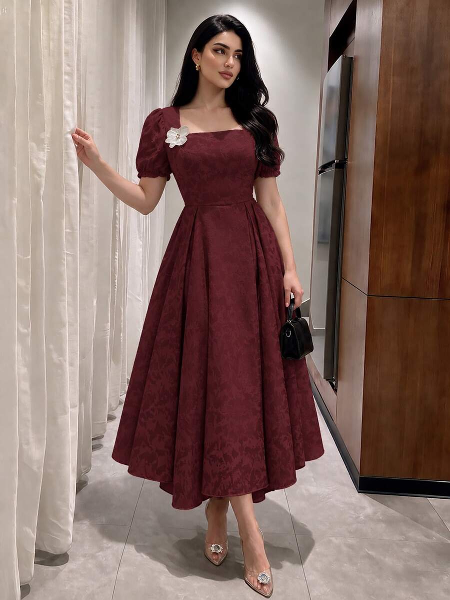Modelyn Cut-Out Waist Flare Hem Women's Square Neck Fashionable Long Fall Dress With 3D Floral Decor - Burgundy - View 1