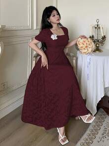 Modelyn Cut-Out Waist Flare Hem Women's Square Neck Fashionable Long Fall Dress With 3D Floral Decor - Burgundy - View 4
