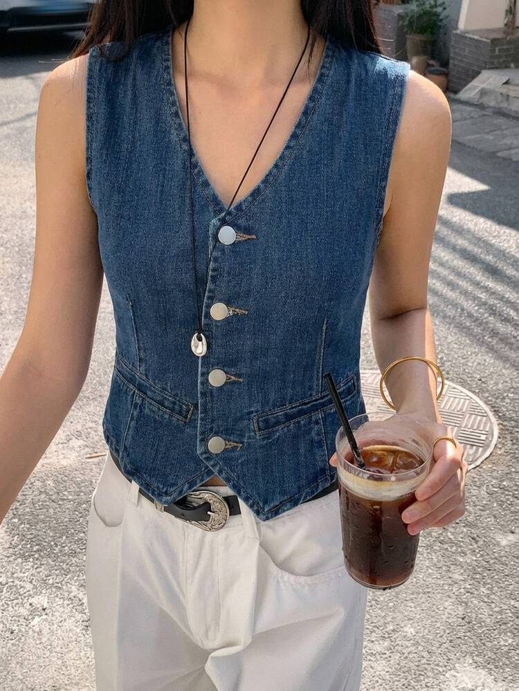 Strévra Women's Casual Commuting V-Neck Denim Vest Crop Top - Medium Wash - View 5