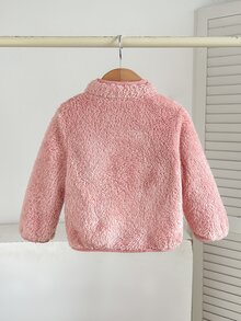 SHEIN 女嬰針織休閒百搭可愛卡通鴨圖案人造毛高領長袖外套，加厚舒適，時尚可愛，日常休閒簡約百搭設計，秋冬款 - 彩色 - 查看 3
