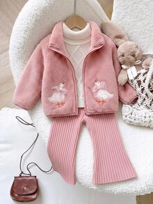 SHEIN 女嬰針織休閒百搭可愛卡通鴨圖案人造毛高領長袖外套，加厚舒適，時尚可愛，日常休閒簡約百搭設計，秋冬款 - 彩色 - 查看 1