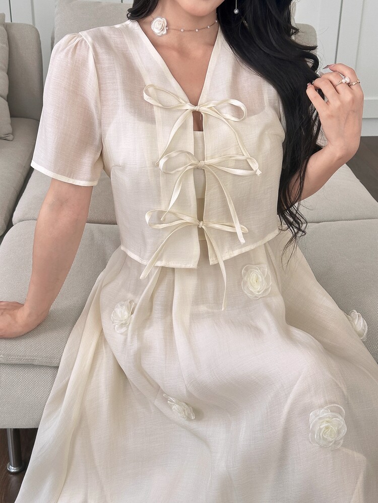 Modelyn 2pcs/Set Women 3D Floral Cinched Waist Sleeveless Top And Camisole Dress Set Vacation Cream White Romantic Elegant - Apricot - View 3