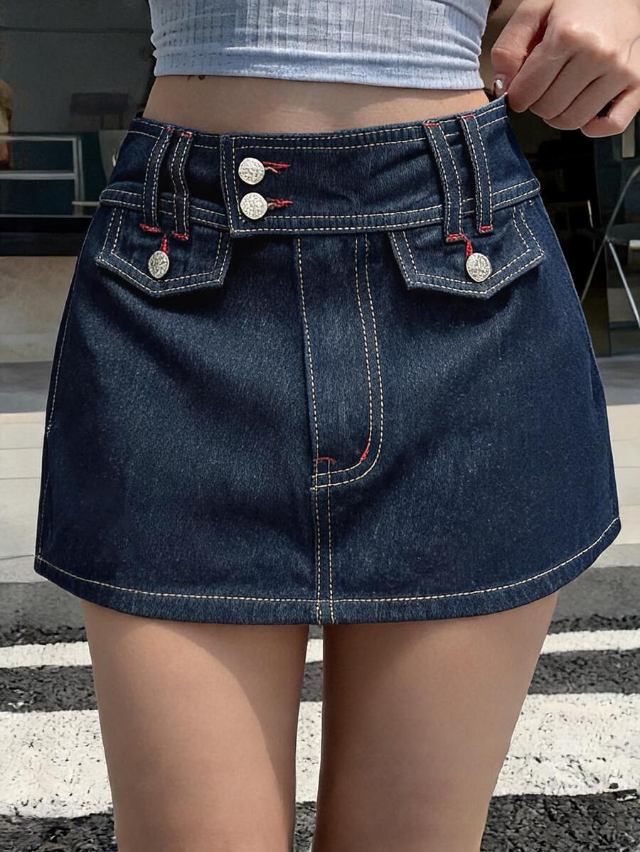 Rivivi Y2K Red Contrast Stitching Washed Mini Denim Skirt - Navy Blue - View 1