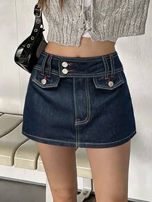 Rivivi Y2K Red Contrast Stitching Washed Mini Denim Skirt - Navy Blue - View 10