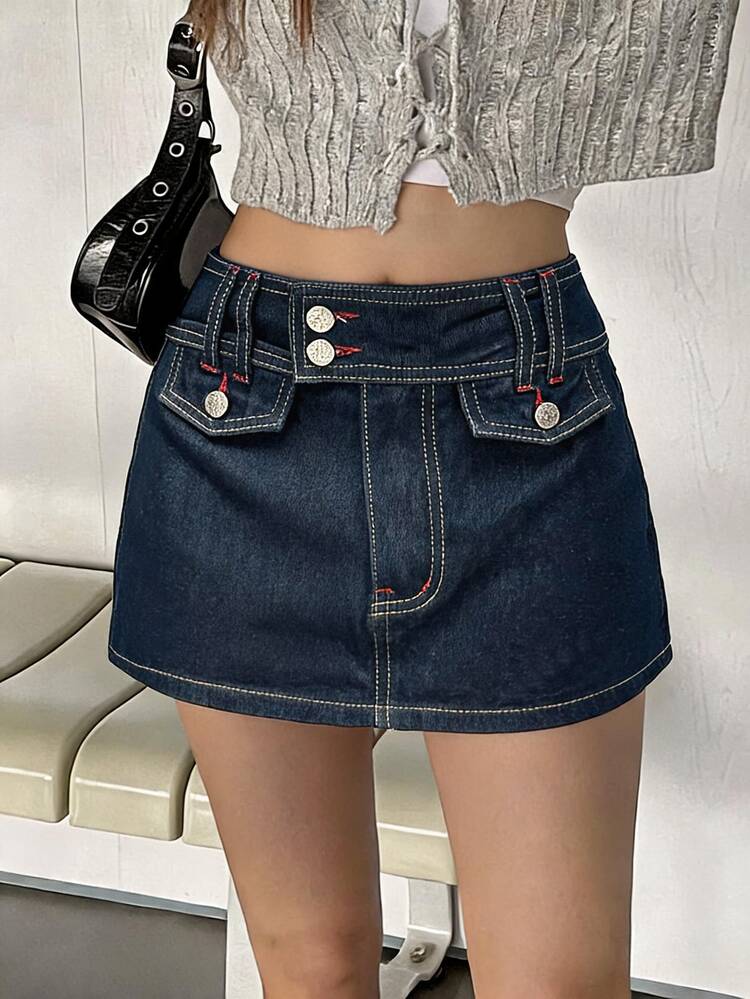 Rivivi Y2K Red Contrast Stitching Washed Mini Denim Skirt - Navy Blue - View 10
