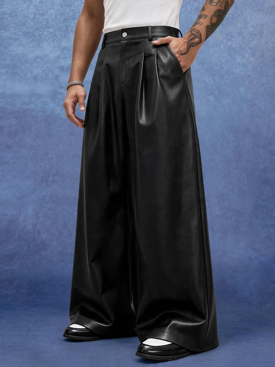 Major Grit Men's Solid Color Pleated PU Leather Fashion Versatile Wide Leg Pants - Black - View 1