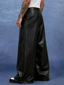 Major Grit Men's Solid Color Pleated PU Leather Fashion Versatile Wide Leg Pants - Black - View 2