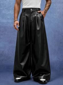Major Grit Men's Solid Color Pleated PU Leather Fashion Versatile Wide Leg Pants - Black - View 3