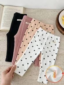 SHEIN 4pcs Baby Girl Baby Girls Knitted Solid Color Heart Pattern Casual Leggings 4-Piece Set - Multicolor - View 2