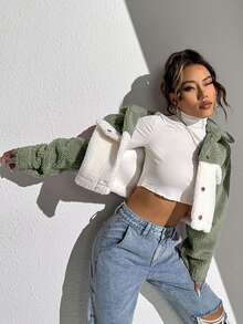 Omancia Two Tone Drop Shoulder Crop Corduroy Jacket Crop Top Jacketcroptop Jacket Fall Winter Cloth For Women, Christmas - Green - View 7