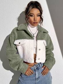 Omancia Two Tone Drop Shoulder Crop Corduroy Jacket Crop Top Jacketcroptop Jacket Fall Winter Cloth For Women, Christmas - Green - View 6