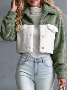 Omancia Two Tone Drop Shoulder Crop Corduroy Jacket Crop Top Jacketcroptop Jacket Fall Winter Cloth For Women, Christmas - Green - View 3