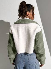 Omancia Two Tone Drop Shoulder Crop Corduroy Jacket Crop Top Jacketcroptop Jacket Fall Winter Cloth For Women, Christmas - Green - View 2