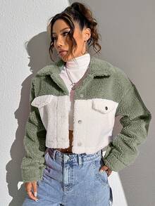 Omancia Two Tone Drop Shoulder Crop Corduroy Jacket Crop Top Jacketcroptop Jacket Fall Winter Cloth For Women, Christmas - Green - View 4