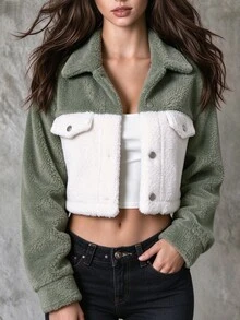 Omancia Two Tone Drop Shoulder Crop Corduroy Jacket Crop Top Jacketcroptop Jacket Fall Winter Cloth For Women, Christmas - Green - View 1