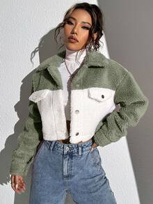 Omancia Two Tone Drop Shoulder Crop Corduroy Jacket Crop Top Jacketcroptop Jacket Fall Winter Cloth For Women, Christmas - Green - View 5