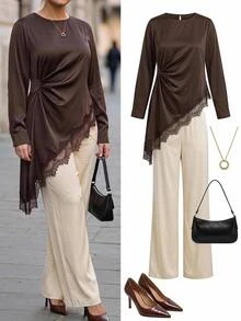 Chikora Plus Size Lace Patchwork Long Sleeve Asymmetrical Hem Shirt Autumn Clothes For Women Formal Office Brunch Party Brown Elegant - Brown - View 6