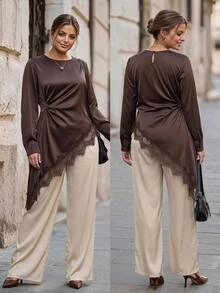 Chikora Plus Size Lace Patchwork Long Sleeve Asymmetrical Hem Shirt Autumn Clothes For Women Formal Office Brunch Party Brown Elegant - Brown - View 1