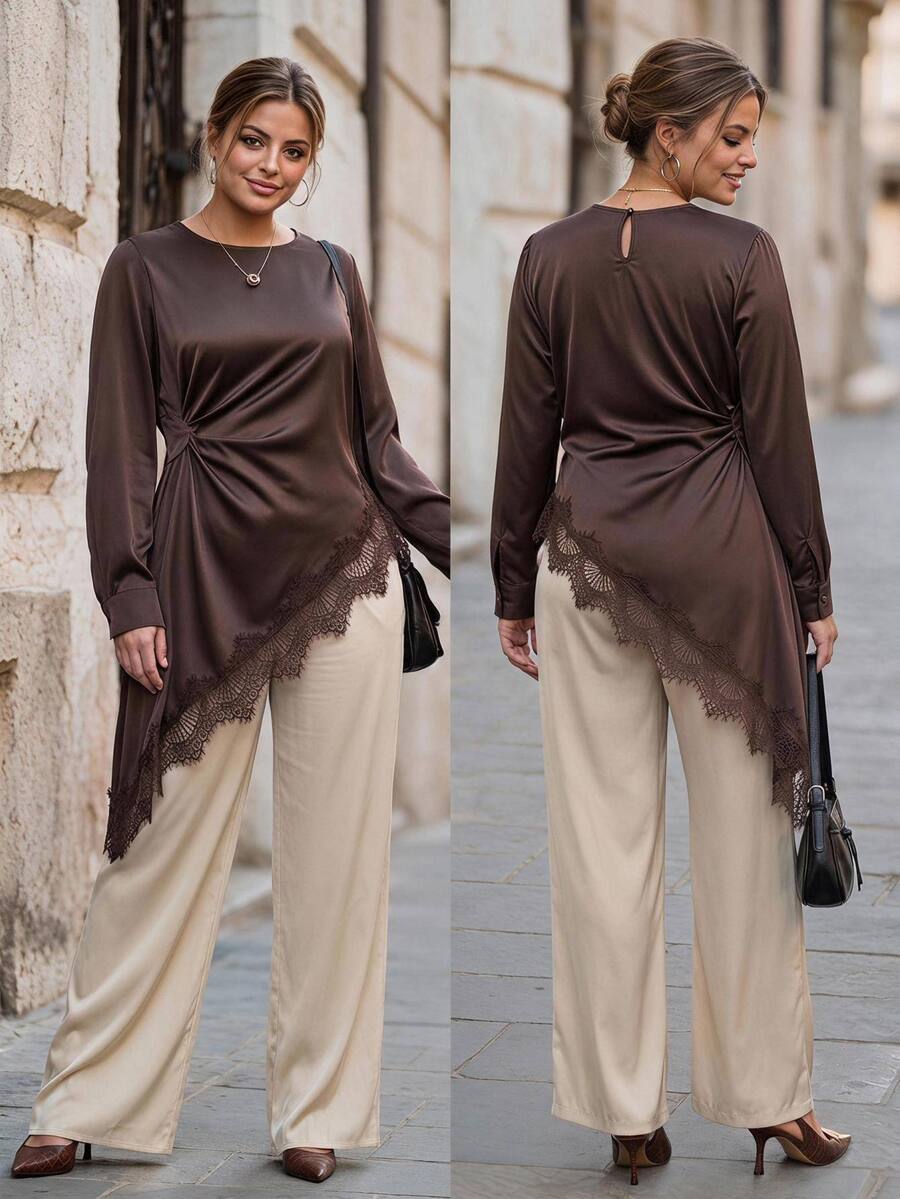 Chikora Plus Size Lace Patchwork Long Sleeve Asymmetrical Hem Shirt Autumn Clothes For Women Formal Office Brunch Party Brown Elegant - Brown - View 1