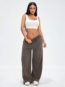 Radiana Women's Vintage Washed Brown Grey Wide Leg Pants,Winter Casual Lounge American Style Streetwear Low-Rise Loose Oversized Super Long Sweatpants,Fall - Brown - View 4