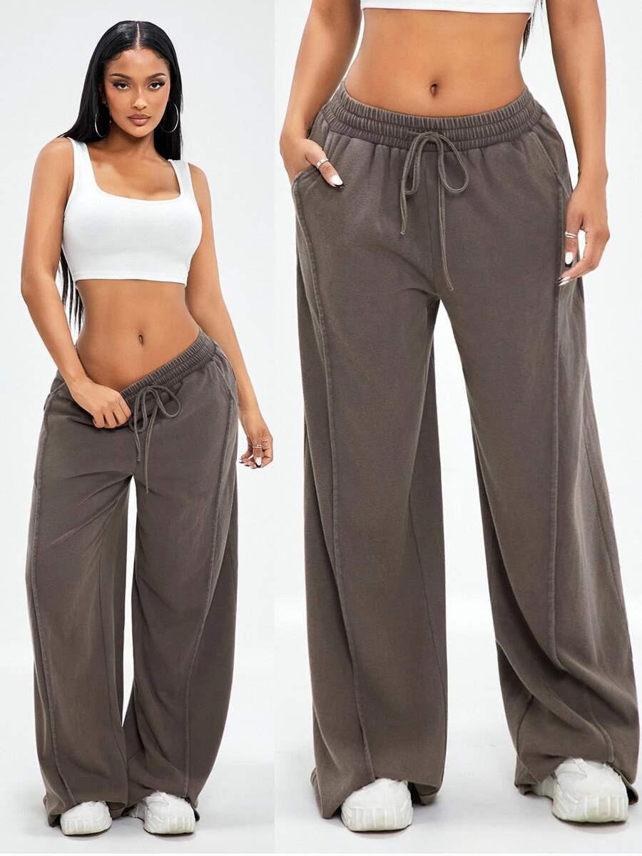 Radiana Women's Vintage Washed Brown Grey Wide Leg Pants,Winter Casual Lounge American Style Streetwear Low-Rise Loose Oversized Super Long Sweatpants,Fall - Brown - View 1