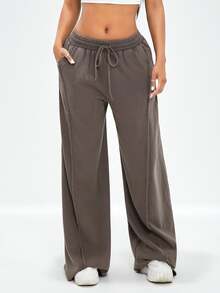 Radiana Women's Vintage Washed Brown Grey Wide Leg Pants,Winter Casual Lounge American Style Streetwear Low-Rise Loose Oversized Super Long Sweatpants,Fall - Brown - View 6