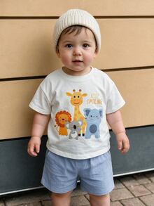 THE HAPPY LOOK 2pcs/Set Baju Atasan Lengan Pendek Leher Bulat Motif Kartun Hewan untuk Anak Laki-Laki dan Celana Pendek Pinggang Elastis - MultiWarna - View 7