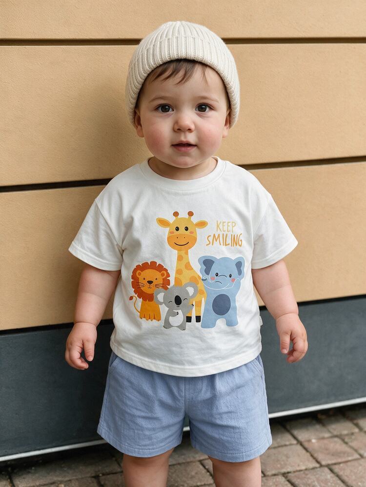 THE HAPPY LOOK 2pcs/Set Baju Atasan Lengan Pendek Leher Bulat Motif Kartun Hewan untuk Anak Laki-Laki dan Celana Pendek Pinggang Elastis - MultiWarna - View 7