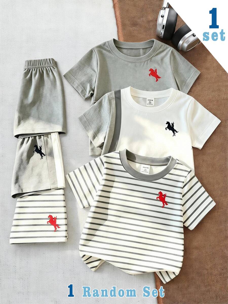 Randomly Ships 1 Of 3 Gray & White Contrast Color Kids Casual Fashion Classic Knight Print Crew Neck Short Sleeve T-Shirt & Shorts Set - Multicolor - View 1