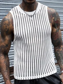 SLATEMANN Men's White Summer Street Wear Sexy Streetwear Holiday Comfortable Vertical Striped Mesh Fabric Round Neck Tank Top Yamamoto Style Casual Vacation - White - View 5