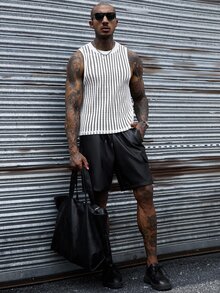 SLATEMANN Men's White Summer Street Wear Sexy Streetwear Holiday Comfortable Vertical Striped Mesh Fabric Round Neck Tank Top Yamamoto Style Casual Vacation - White - View 1