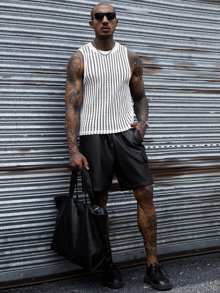 SLATEMANN Men's White Summer Street Wear Sexy Streetwear Holiday Comfortable Vertical Striped Mesh Fabric Round Neck Tank Top Yamamoto Style Casual Vacation - White - View 1