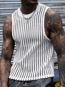 SLATEMANN Men's White Summer Street Wear Sexy Streetwear Holiday Comfortable Vertical Striped Mesh Fabric Round Neck Tank Top Yamamoto Style Casual Vacation - White - View 3