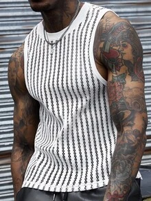 SLATEMANN Men's White Summer Street Wear Sexy Streetwear Holiday Comfortable Vertical Striped Mesh Fabric Round Neck Tank Top Yamamoto Style Casual Vacation - White - View 6