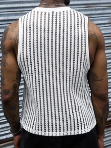 SLATEMANN Men's White Summer Street Wear Sexy Streetwear Holiday Comfortable Vertical Striped Mesh Fabric Round Neck Tank Top Yamamoto Style Casual Vacation - White - View 2