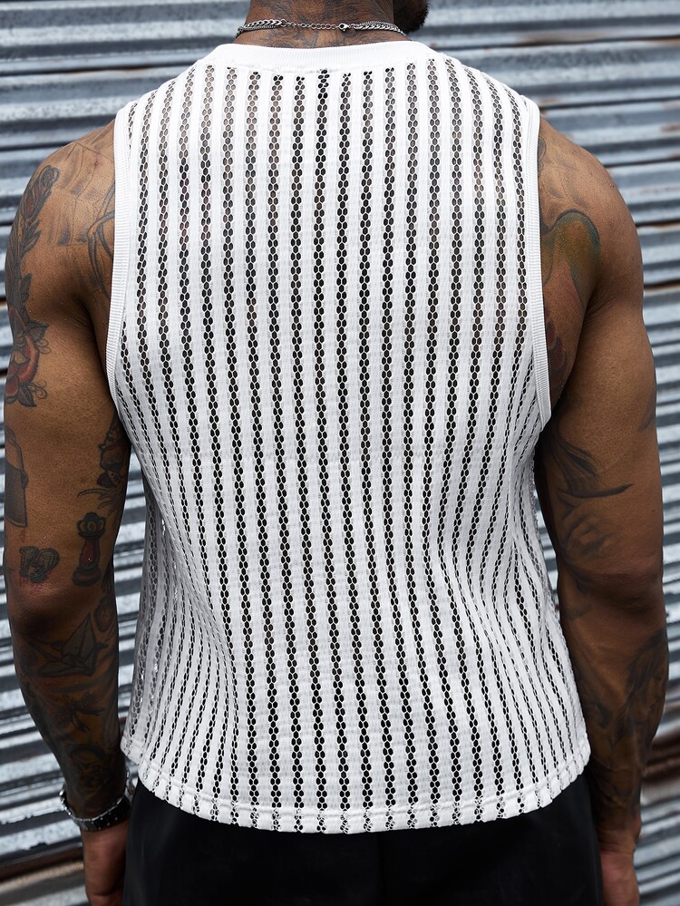 SLATEMANN Men's White Summer Street Wear Sexy Streetwear Holiday Comfortable Vertical Striped Mesh Fabric Round Neck Tank Top Yamamoto Style Casual Vacation - White - View 2
